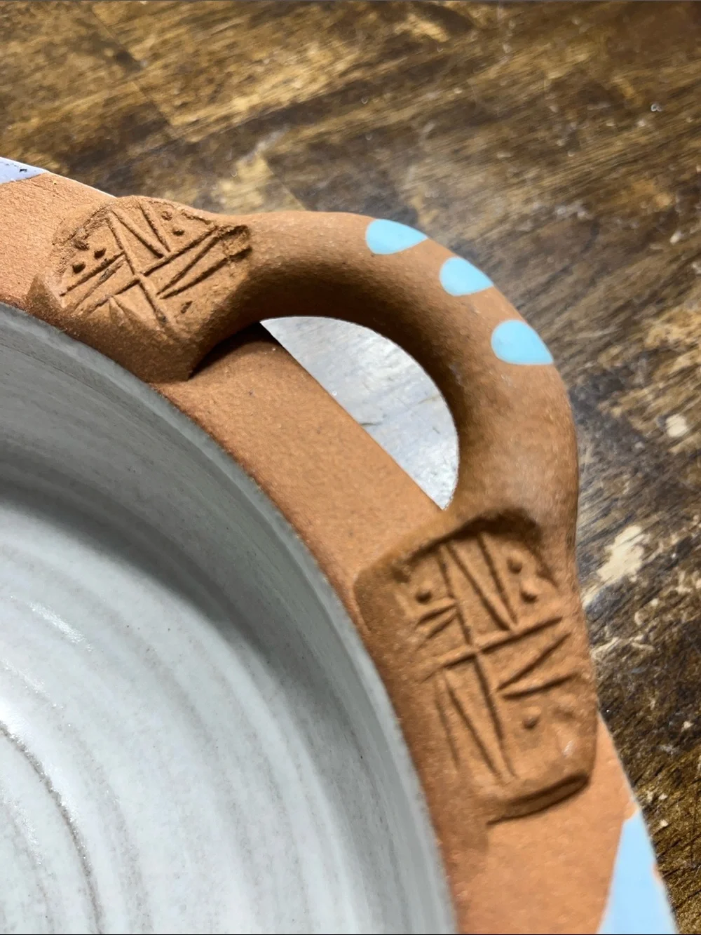 Handmade Dana McDaniel Terracotta Serving Bowl with Pastel Geometric Rim